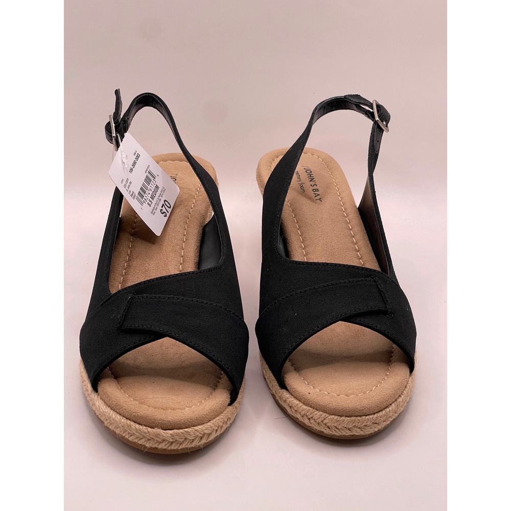 St. Johns Bay Lone Black Espadrille Wedge Sandals Memory Foam Womens 8.5 M